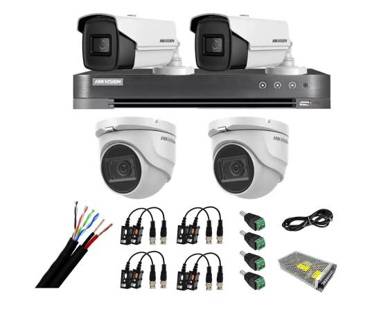 Sistem de supraveghere mixt 4 camere: 2 camere interior 8mp ir 30m, 2 camere exterior 4 in  1, 8mp, ir 80m, dvr 4 canale 4k 8mp, accesorii