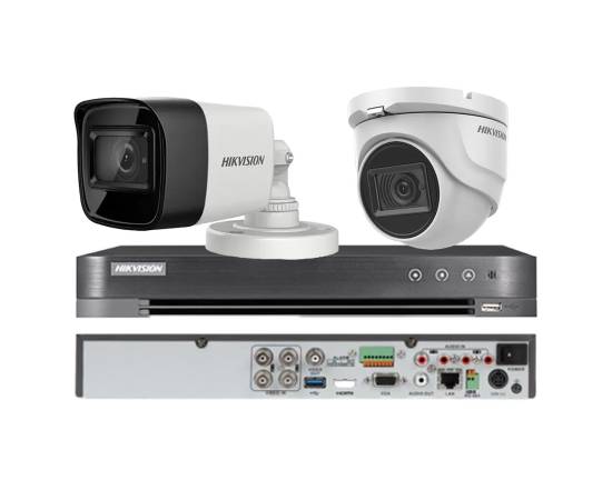 Sistem de supraveghere mixt hikvision 2 camere, 1 dome si 1 bullet 4 in 1, 8mp, lentila 2.8mm, ir 30m, dvr 4 canale 4k 8mp