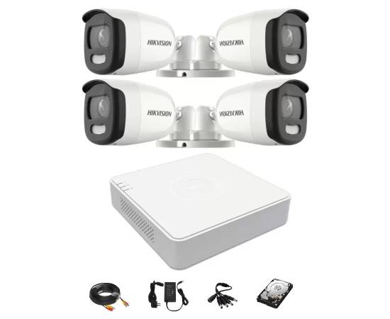 Sistem de supraveghere video 4 camere hikvision colorvu 5mp lumina alba 20m, dvr 4 canale, accesorii, hard disk 1tb