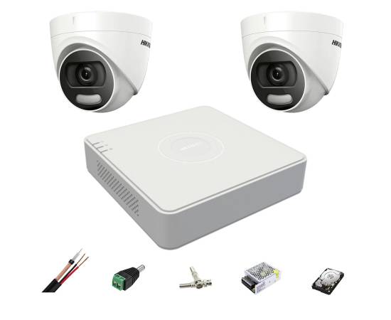 Sistem supraveghere 2 camere hikvision 5mp 2.8mm colorvu, lumina alba 20m, dvr 4 canale, accesorii, hard disk 500gb