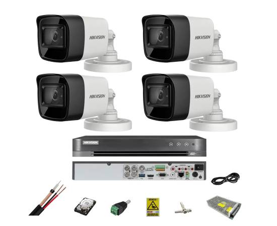 Sistem supraveghere 4 camere hikvision 8mp, 2.8mm, ir 30m, dvr 4 canale 8mp, accesorii, hard disk