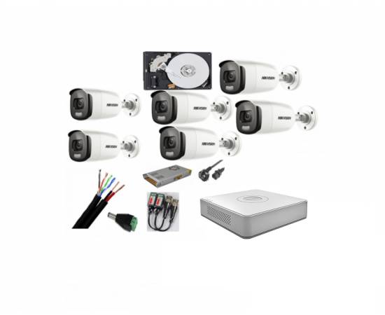 Sistem supraveghere 6 camere hikvision 2mp color vu cu ir 40m (color noapte ) , dvr 8 canale, accesorii