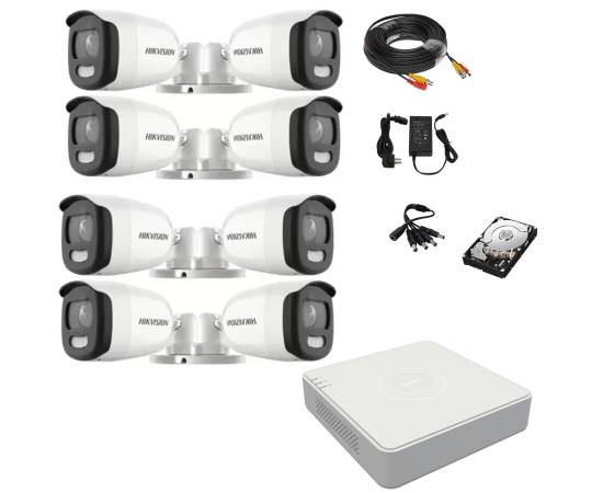 Sistem supraveghere 8 camere colorvu 5mp hikvision, 2.8mm, lumina alba 20m, dvr 8 canale, accesorii montaj, hard disk