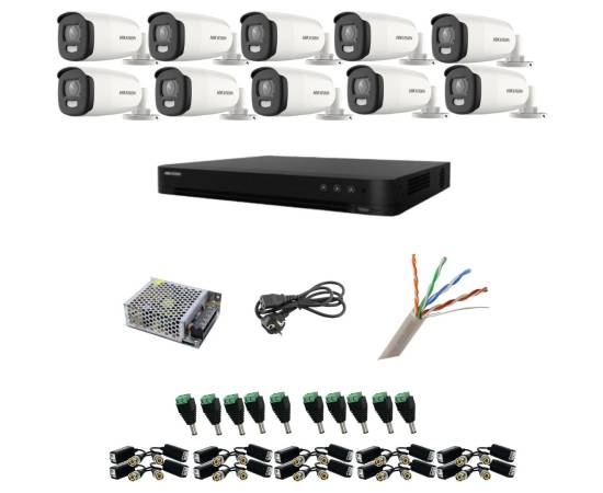 Sistem supraveghere hikvision 10 camere 5mp colorvu, color noaptea 40m, dvr cu 16 canale 8mp, accesorii incluse