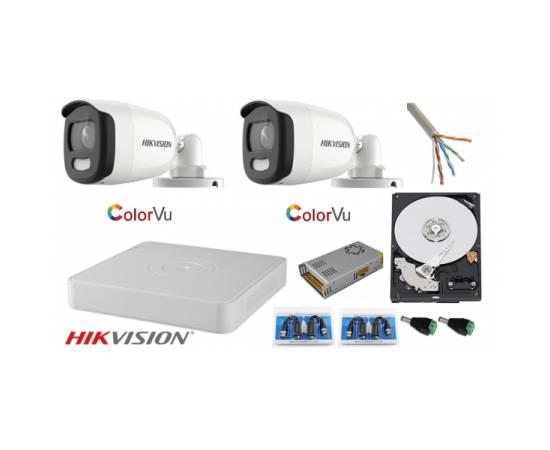 Sistem supraveghere hikvision 2 camere 2mp ultra hd color vu full time ( color noaptea ) dvr 4 canale, accesorii