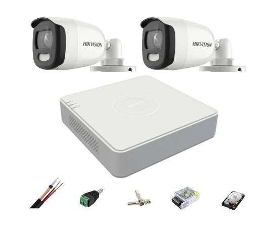 Sistem supraveghere hikvision 2 camere 5mp 2.8mm colorvu, lumina alba 20m, dvr 4 canale, accesorii, hard disk 1tb