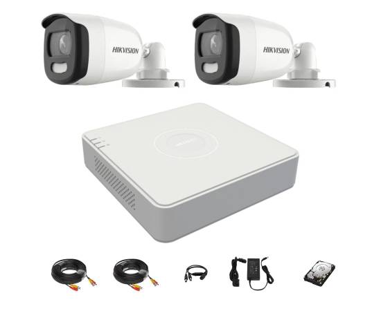 Sistem supraveghere hikvision 2 camere 5mp colorvu 2.8mm, lumina alba 20m, dvr 4 canale, accesorii montaj, hard disk 1tb