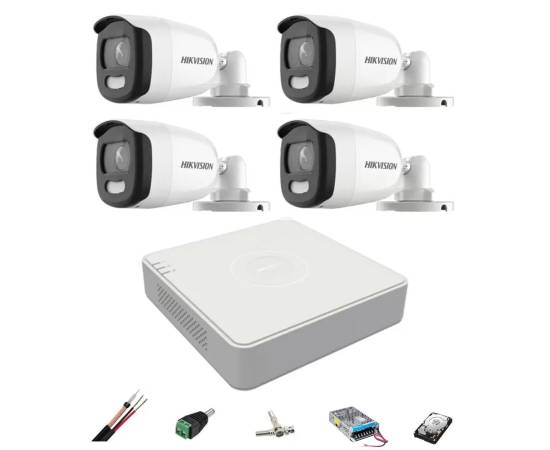 Sistem supraveghere hikvision 4 camere 5mp 2.8mm colorvu, lumina alba 20m, dvr 4 canale, accesorii, hard disk 1tb