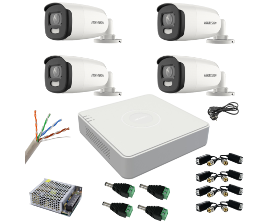 Sistem supraveghere hikvision 4 camere 5mp colorvu, color noaptea 40m dvr cu 4 canale 8mp accesorii incluse