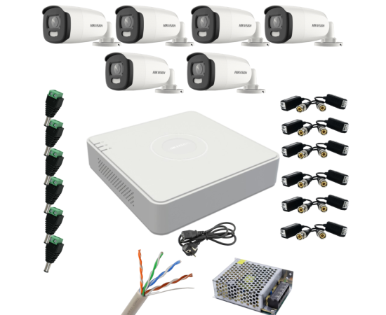 Sistem supraveghere hikvision 6 camere 5mp colorvu, color noaptea 40m, dvr cu 8 canale 8mp, accesorii incluse