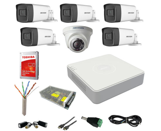 Sistem supraveghere hikvision 6 camere turbo hd 2mp, 5 camere exterior ir80m si 1 camera interior ir20m, hard 1tb