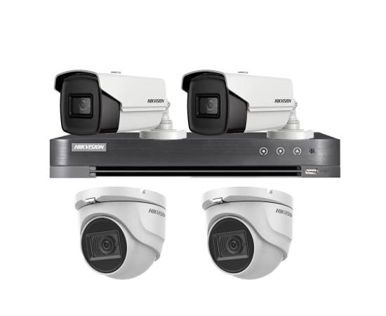 Sistem supraveghere hikvision mixt, 2 camere interior 8mp 4 in 1, ir 30m, 2 camere exterior 4 in 1 8mp ir80m, dvr 4 canale 4k 8mp