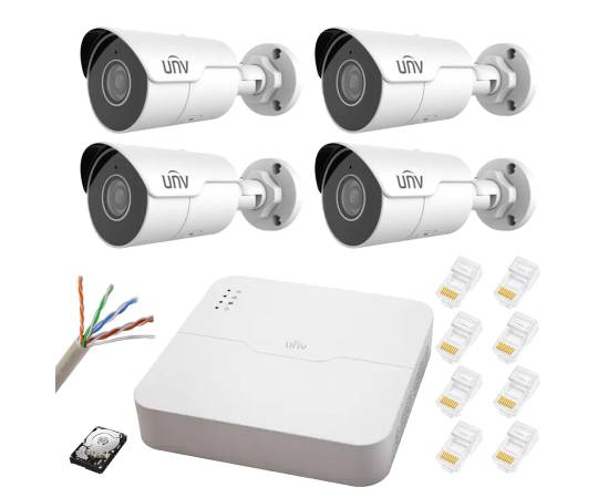 Sistem supraveghere ip poe unv 4 camere starlight, 2.8mm, ir 50m, nvr 4k 4 canale 8mp, accesorii, hdd 500 gb