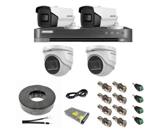 Sistem supraveghere mixt 4 camere: 2 dome 8mp ir 30m, 2 bullet 4 in 1 8mp ir 80m, dvr 4 canale 4k 8mp, accesorii