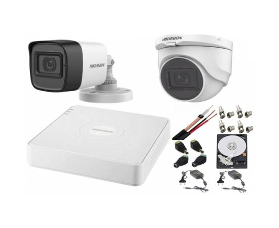 Sistem supraveghere mixt audio-video hikvision 2 camere turbo hd 2mp dvr 4 canale, hdd 500 gb