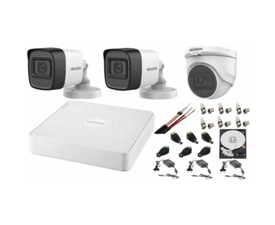 Sistem supraveghere mixt audio-video hikvision 3 camere turbo hd 2mp dvr 4 canale, hdd 500gb