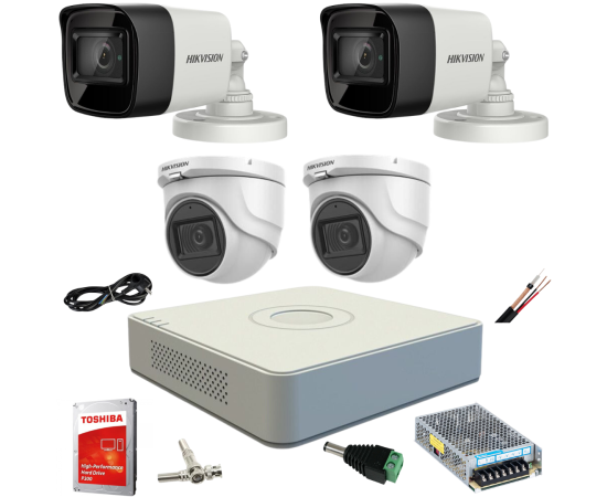 Sistem supraveghere mixt complet hikvision 4 camere turbo hd 5 mp 20 m ir si 80 ir dvr 4 canale cu toate accesoriile cadou hdd 1tb