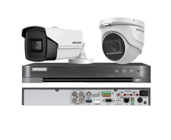 Sistem supraveghere mixt hikvision 2 camere, 1 dome 8mp 4 in 1, ir 30m, 1 bullet 4 in 1 8mp, 3.6mm, ir 80m, dvr 4 canale 4k 8mp