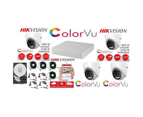 Sistem supraveghere profesional  hikvision color vu 4 camere 5mp ir20m, dvr 4 canale, full accesorii si hdd