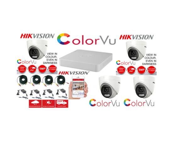 Sistem supraveghere profesional  hikvision color vu 4 camere 5mp ir20m, dvr 4 canale, full accesorii