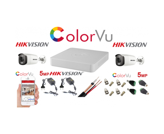 Sistem supraveghere profesional hikvision color vu 2 camere 5mp ir40m dvr 4 canale full accesorii