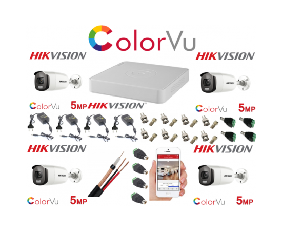 Sistem supraveghere profesional hikvision color vu 4 camere 5mp ir40m, ip67 dvr 4 canale 8 mp accesorii incluse