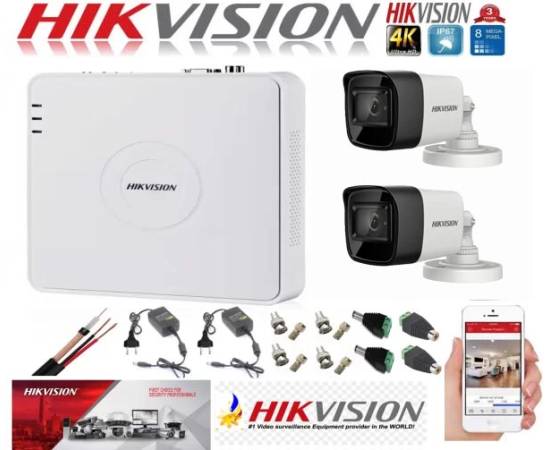 Sistem supraveghere ultraprofesional hikvision 2 camere 8mp 4k dvr 4 canale accesorii incluse