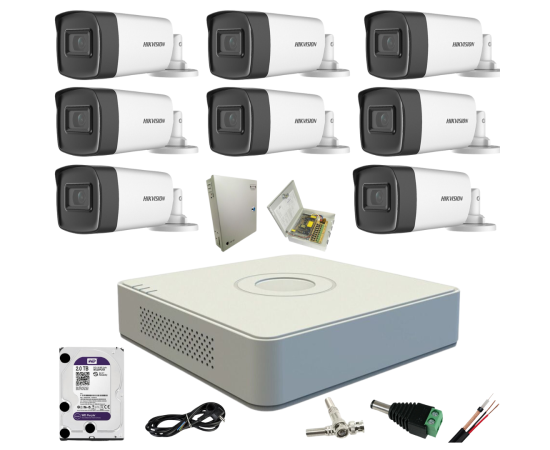 Sistem supraveghere video 8 camere exterior turbo hd 5mp ir80m hikvision cu toate accesoriile incluse,  hdd 2tb