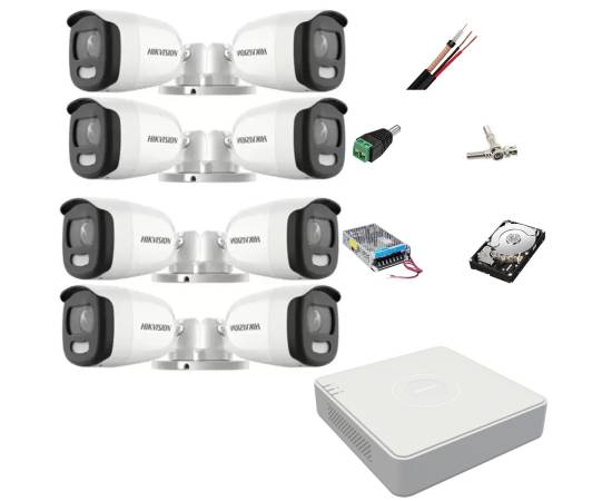 Sistem supraveghere video 8 camere hikvision colorvu 5mp, 2.8mm, lumina alba 20m, dvr 8 canale, accesorii montaj, hard disk