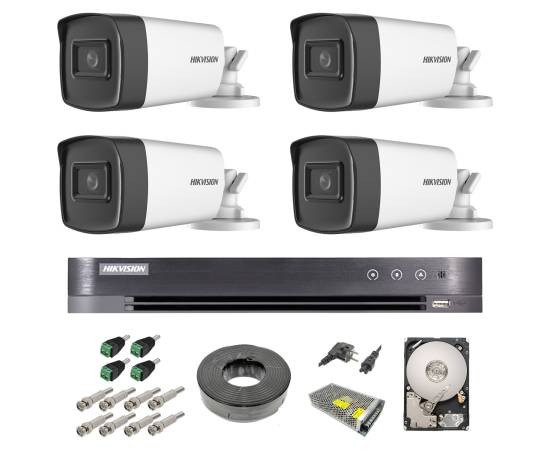 Sistem supraveghere video exterior complet hikvision 4 camere turbo hd 5 mp 80 m ir cu toate accesoriile, hdd 1tb