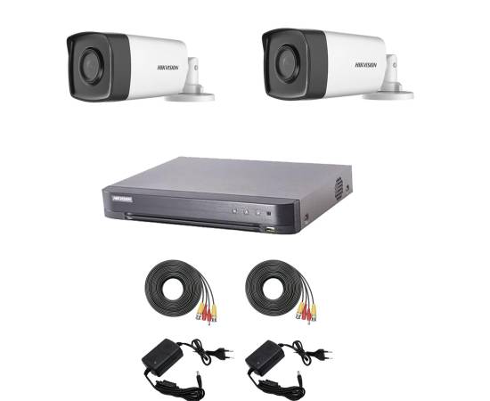 Sistem supraveghere video hikvision 2 camere 2mp turbo hd ir 80 m si ir 40 m  cu dvr hikvision 4 canale, full accesorii