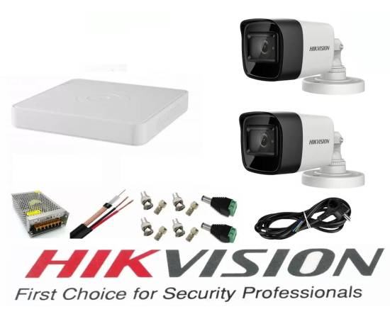 Sistem supraveghere video hikvision 2 camere 5mp turbo hd ir 80m cu dvr hikvision 4 canale  full accesorii cablu coaxial