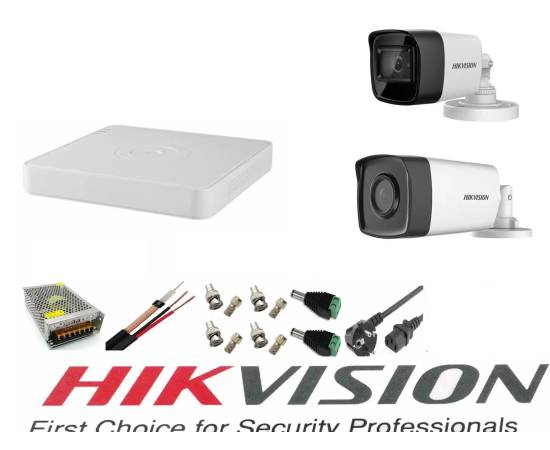 Sistem supraveghere video hikvision 2 camere 5mp turbo hd ir80m si ir40m dvr hikvision 4 canale full accesorii