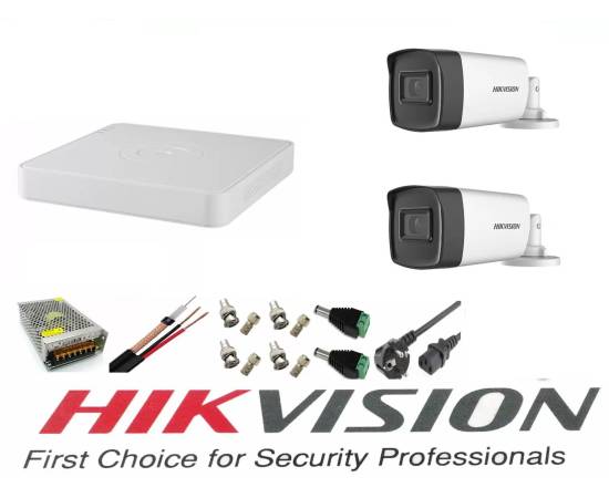 Sistem supraveghere video hikvision 2 camere 5mp turbohd ir 40m cu dvr hikvision 4 canale full accesorii internet