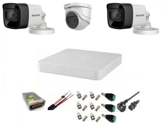 Sistem supraveghere video hikvision 3 camere 5mp, 2 exterior turbo hd ir 80 m 1 interior ir 20m cu full accesorii