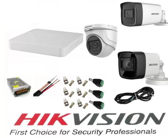 Sistem supraveghere video hikvision 3 camere 5mp 2 exterior turbo hd ir 80m si ir 40m si 1 interior ir 20m dvr 4 canale cu full accesorii