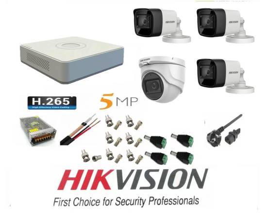 Sistem supraveghere video hikvision 4 camere 5mp 3 exterior turbo hd ir 80m 1 interior ir 20m dvr 4 canale cu full accesorii