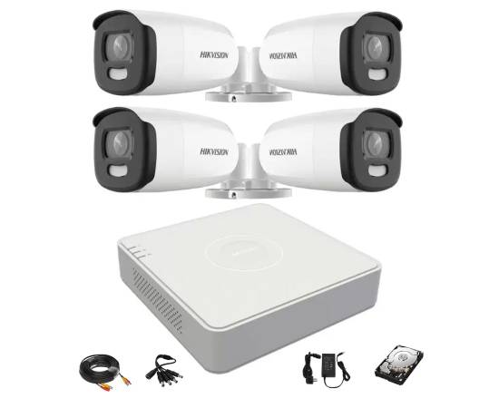 Sistem supraveghere video hikvision 4 camere exterior colorvu 5mp, lumina alba 40m, dvr 4 canale hikvision, accesorii, hard disk