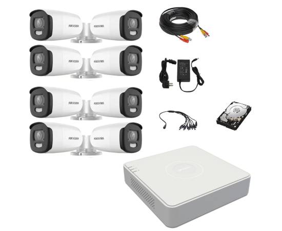 Sistem supraveghere video hikvision 8 camere exterior colorvu 5mp, lumina alba 40m, dvr 8 canale hikvision, accesorii, hard disk