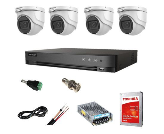 Sistem supraveghere video interior complet hikvision 4 camere turbo hd 5 mp 20 m ir accesorii incluse, cadou hdd 1tb