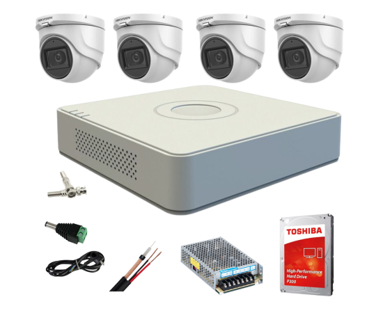 Sistem supraveghere video interior hikvision 4 camere turbo hd 5mp ir 20m dvr 4 canale cu toate accesoriile incluse cadou  hdd 1tb