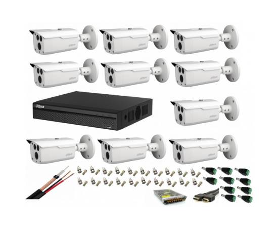 Sistem supraveghere video profesional cu 10 camere dahua 2mp hdcvi ir 80m ,full accesorii, cablu coaxial, live internet