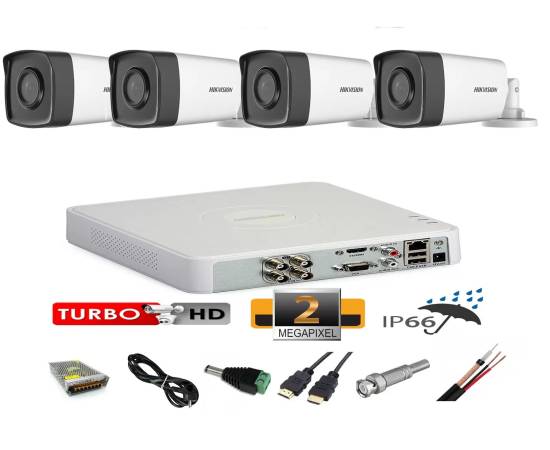 Sistem supraveghere video profesional exterior 4 camere 2mp hikvision turbo hd  40m ir  full accesorii  accesorii, internet