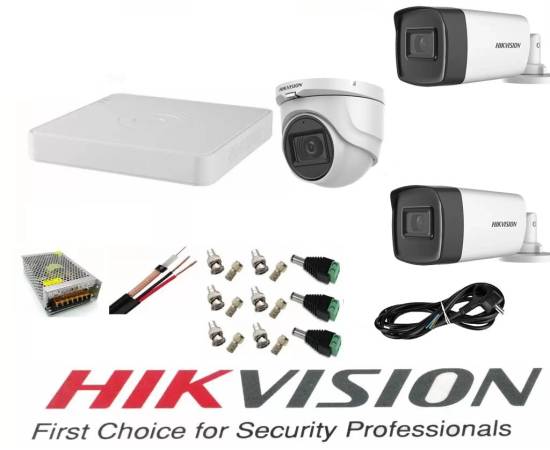 Sistem supraveghere video profesional hikvision 3 camere 5mp 2 exterior turbo hd ir 40 m si 1 interior ir 20m dvr 4 canale cu full accesorii