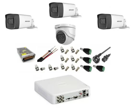 Sistem supraveghere video profesional hikvision 4 camere 5mp 3 exterior turbo hd ir 40m 1 interior ir 20m dvr turbohd 4 canale cu full accesorii