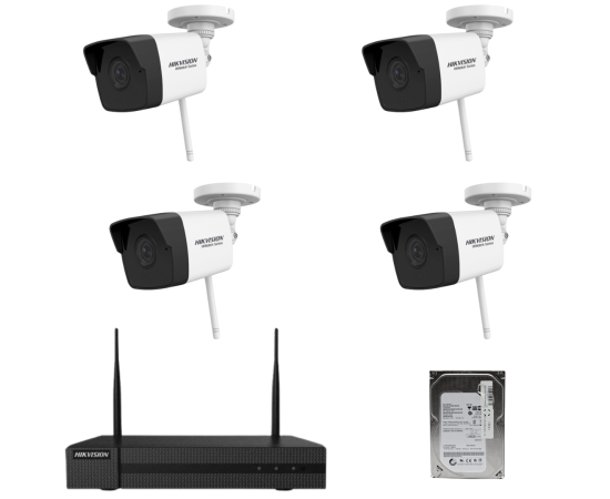 Sistem supraveghere wireless hikvision hiwatch 4 camere ip 2mp hikvision, nvr 4 canale si hdd
