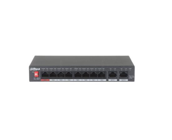 Switch poe cu 8 porturi, 2 rj-45 uplink, all gigabit, 96w, dahua pfs3010-8gt-96