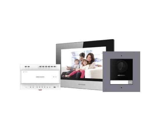 Kit  videointerfon 2 fire pentru 1 familie, monitor 7 inch, alarma - hikvision - ds-kis702y