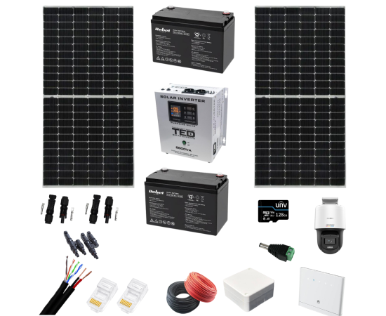 Kit complet fotovoltaic monocristalin, acumulatori 12v 100ah, invertor 1800w + cadou camera de supraveghere ip, color noaptea 30m, lentila 2.8mm si router 4g