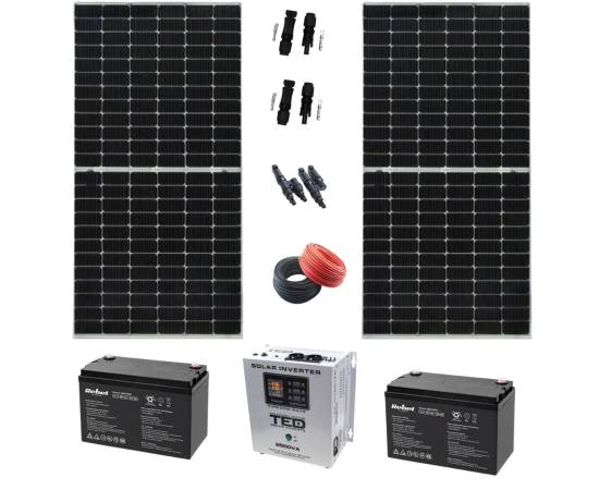 Sistem fotovoltaic monocristalin, 2x 375w, 2 acumulatori 12v 100ah, invertor 1,8 kw cu iesire 220v, accesorii incluse